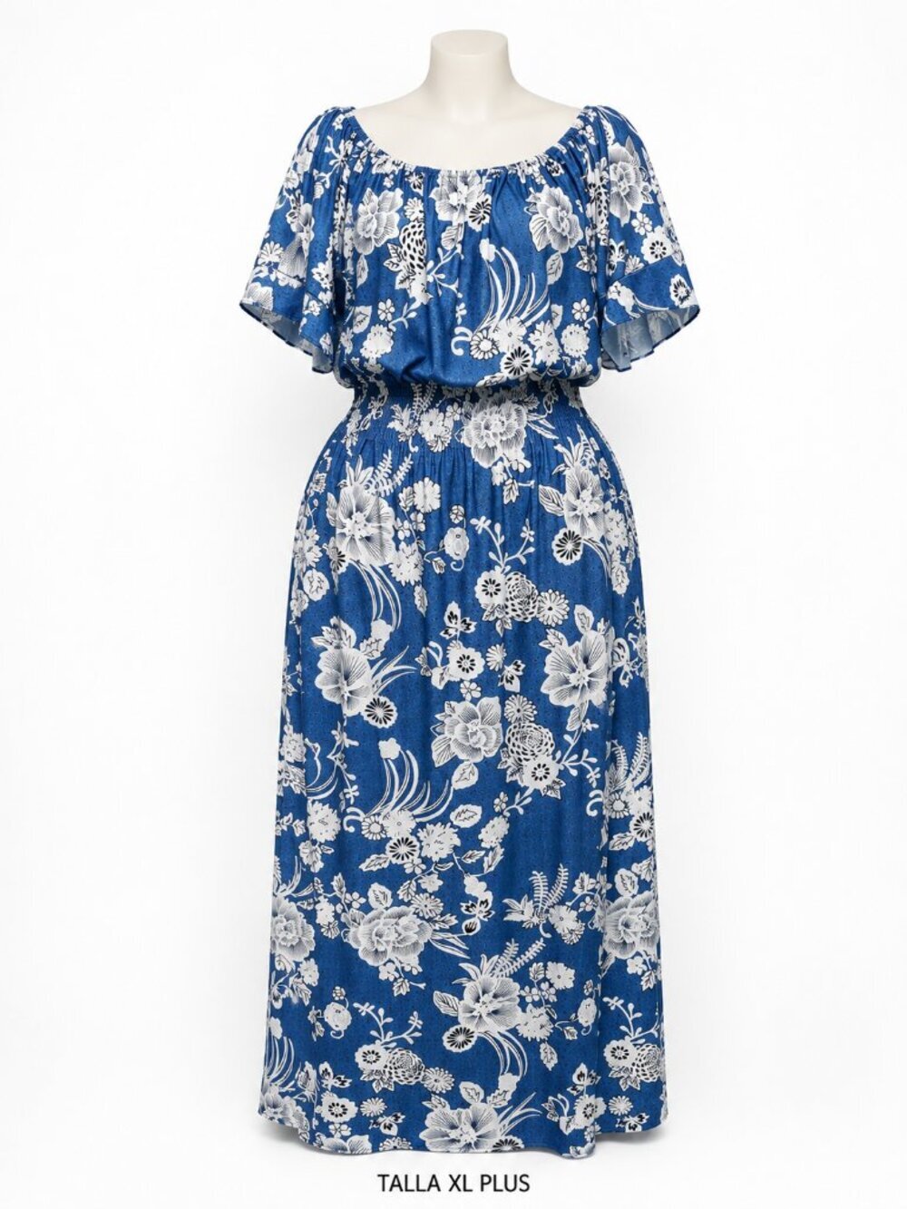 Kindred Blue White Floral Maxi Dress Plus 2X Smocked Waist Boho Flutter Sleeve - Picture 3 of 6